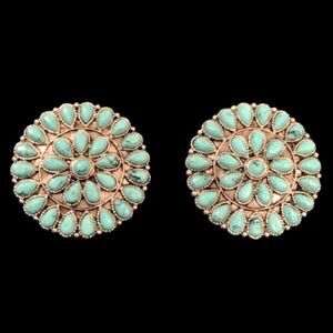 Western Cluster Work Concho Style Earrings - Silver Tone with Turquoise Accents